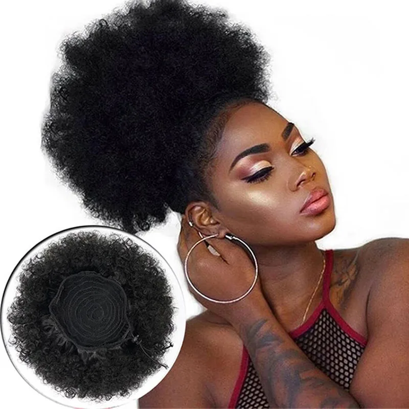 Wig keriting ikal Afro pendek sintetis rambut manusia ekor kuda keriting Kinky Brasil alami untuk rambut puff afro gadis wanita hitam