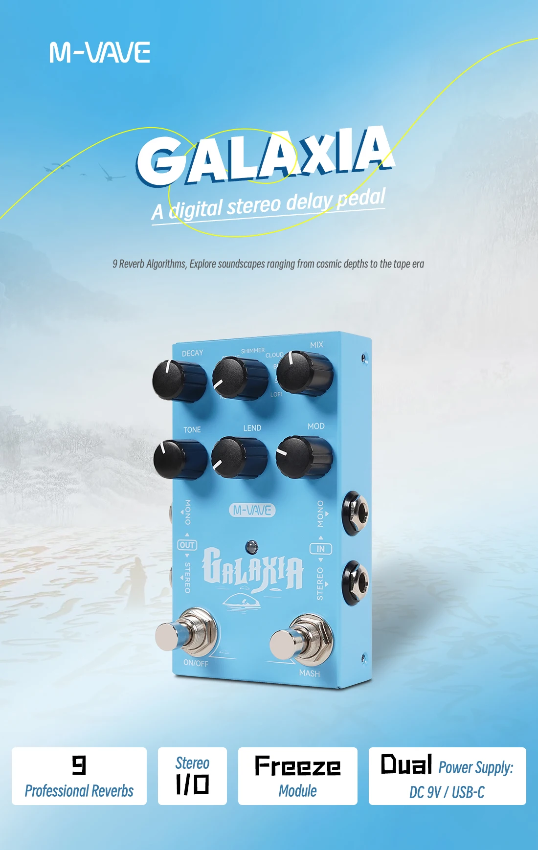 M-VAVE GALAXIA Guitar Effect Pedal – 9 Reverb Engines, Freeze Sustain, DC 9V/USB-C, for Guitar/Bass/Synth view 2