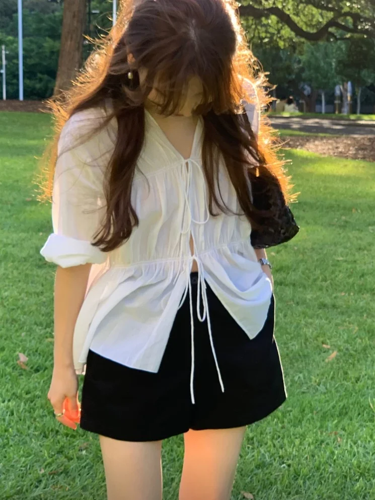 

White Cotton V-neck Shirt Women's Loose Fit Long Sleeve Short Style Belted Breathable Spring Summer Casual Office Wear