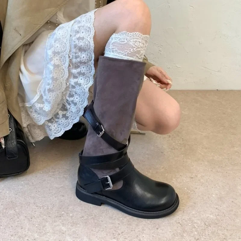 Buckle Knee High Boots Metal Buckle Fashion Retro Middle Heel Knee Boots Women's Knee