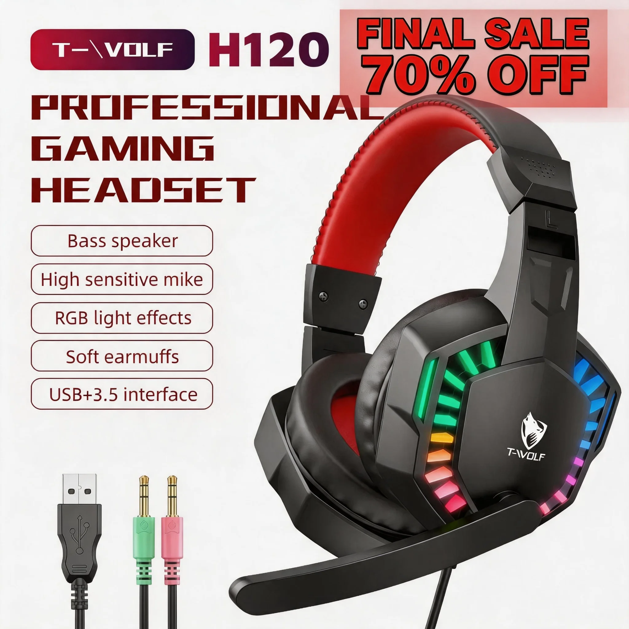 RGB 3.5mm USB Wired Gaming Headphones Game Headset Noise Cancelling Earphone with Mic Volume Control for PC PS4 Play Station 4 PS5