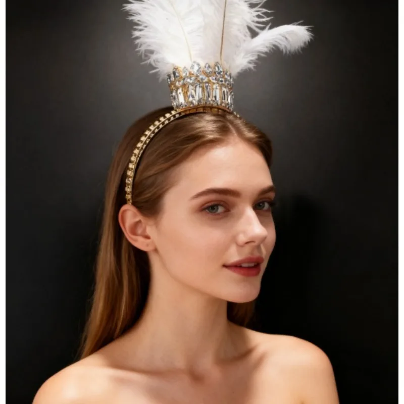 

Queen Feather Crown Headband with Rhinestones, Luxury Masquerade Ball Headpiece, Long Plume Carnival Headwear for Women