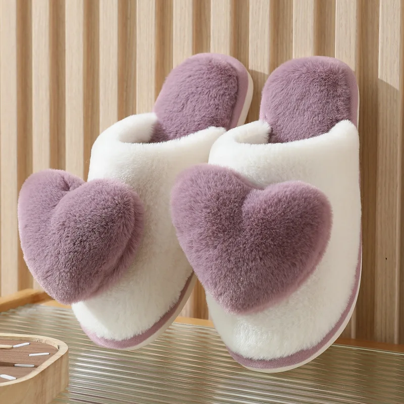 Winter Warm Heart Pattern Cotton Slippers Women Indoor Casual Comfortable Sandals Men Faux Fur Thicken Plush Sandals Adult Shoes