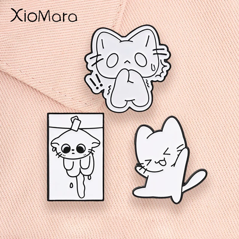 Minimalist Line Art Cat Enamel Pins Kawaii Emotional Crying Happy Afraid Kitten Cartoon Aniimal Brooch Lapel Badge Jewelry Gifts