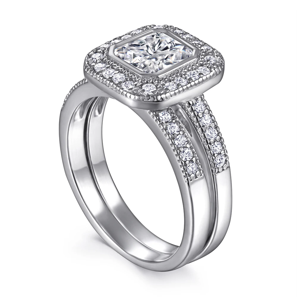 

Sun Star Art Deco 925 Sterling Silver Wedding Ring Set Asscher Cut Zircon with Gold & Rhodium Plating for Women's Party