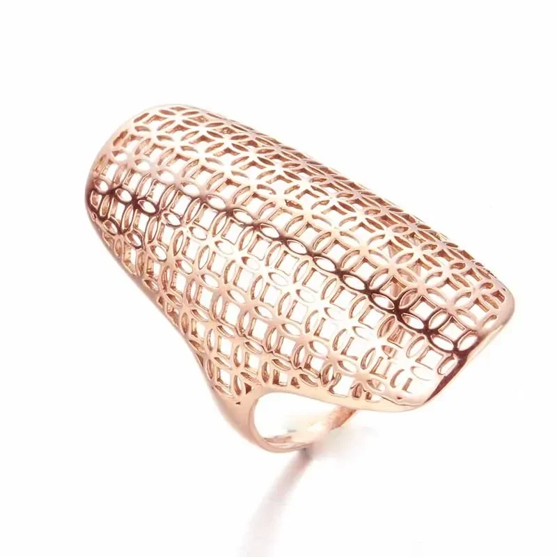 585 Purple Gold Plated 14K Rose Gold New Rectangular Exaggerated Hollow Rings for Women New Chinese Style Fashion Jewelry Gift