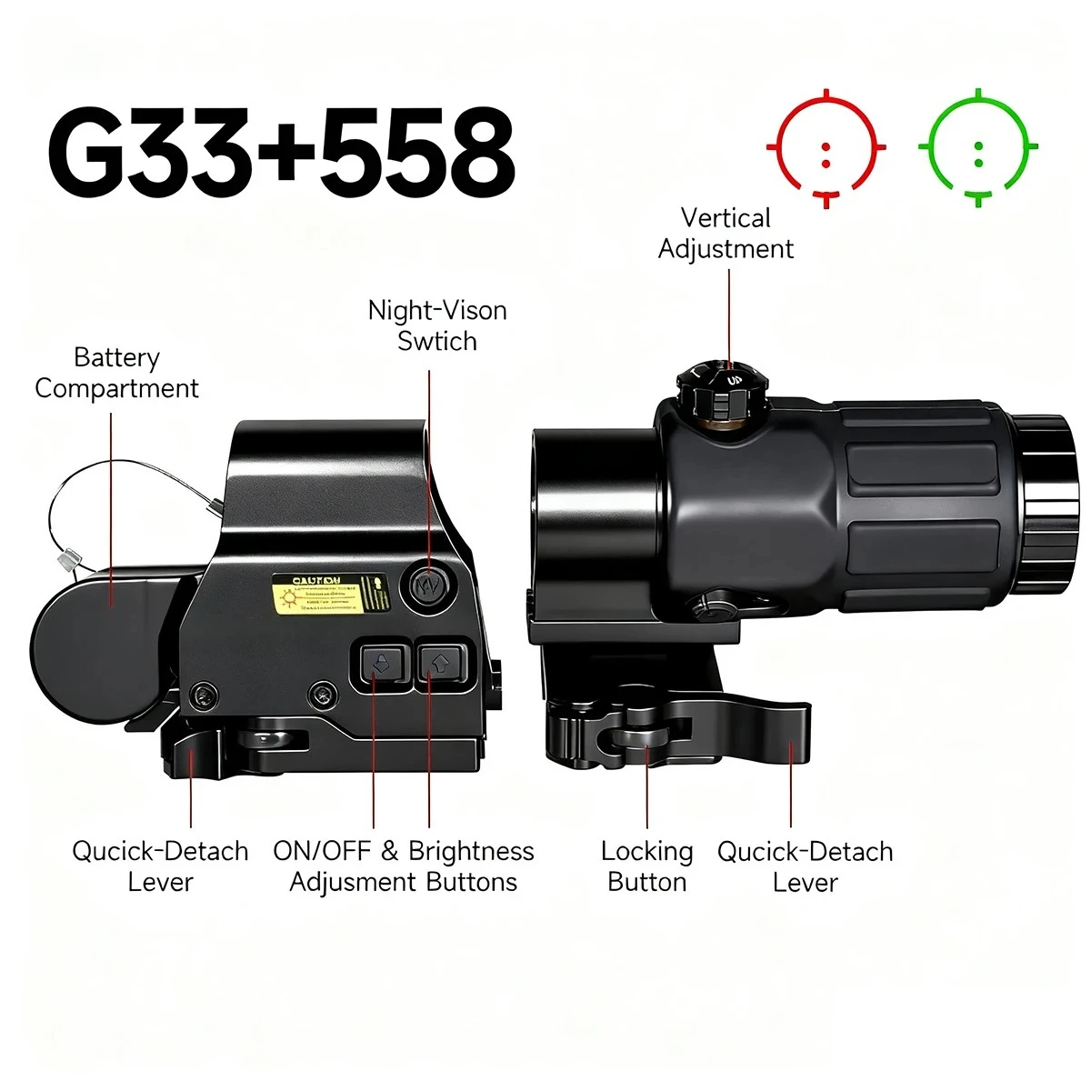 Eot-ch 553 551 G33 Red Green Dot Holographic Sight Folding Side Flip 3X Magnifier Combo Tactical Riflescope W/20mm & QD Lever