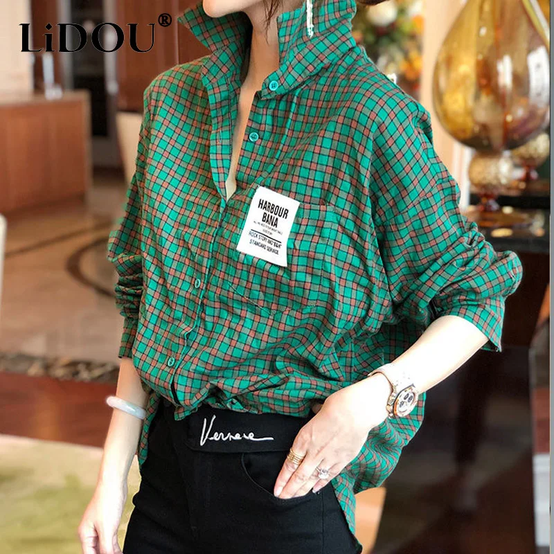 

2023 Spring Plaid Turn-down Collar Shirt Women Fashion Single Breasted Pocket Cardigan Korean Style Thin Style Personality Tops