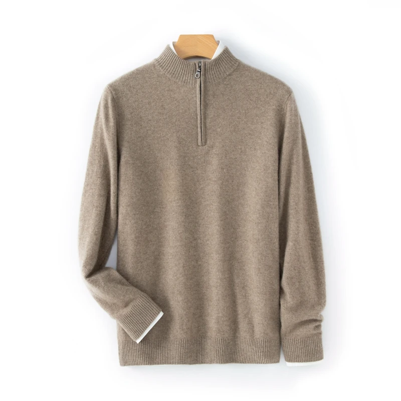 CHICUU Men's 100% Cashmere Sweater Zipper Pullover Mock Neck Long Sleeve Basic Cashmere Knitwear Autumn Winter Clothing Tops