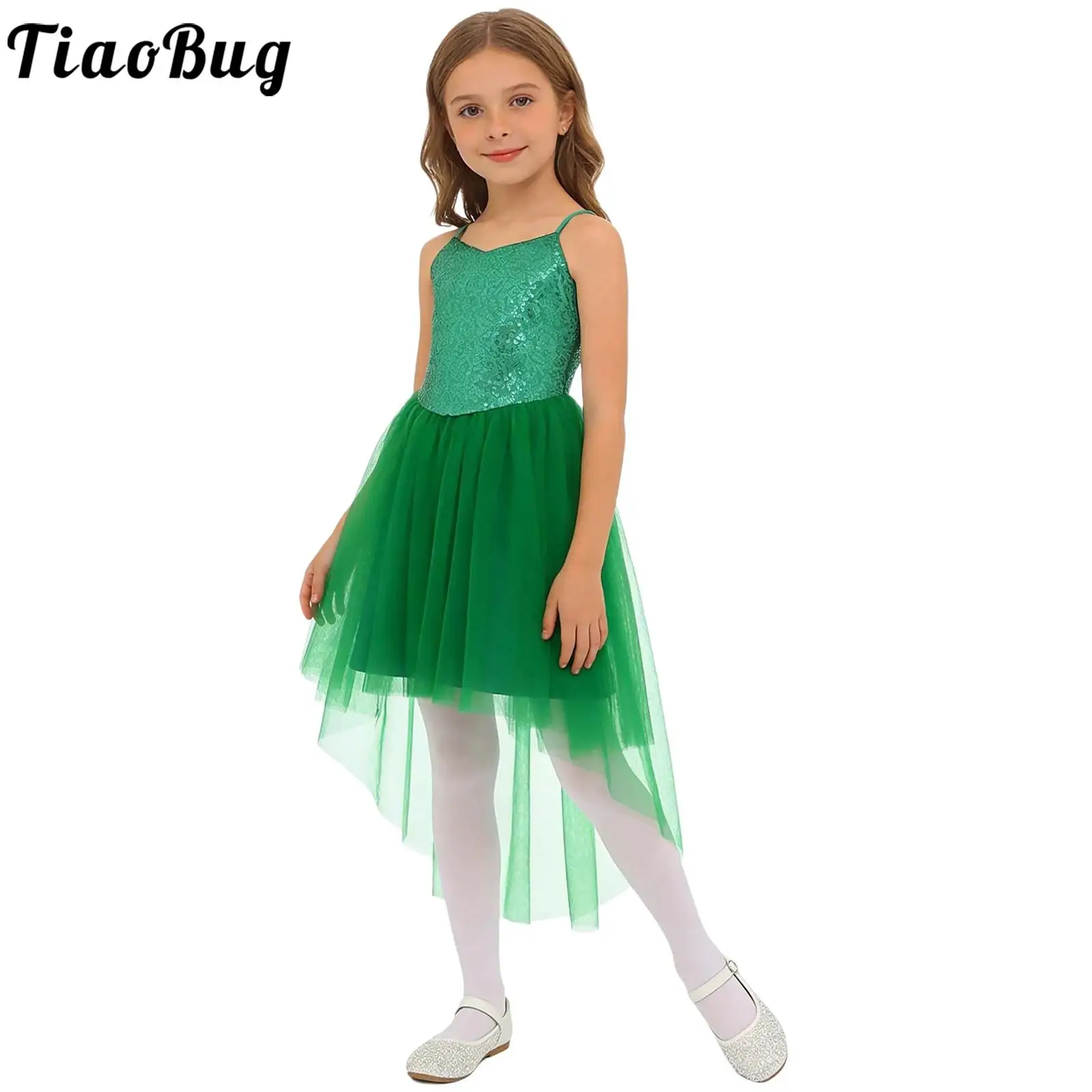 

Girls Forest Fairy Cosplay Tutu Dress Dancewear Glittery Sequin High-Low Tulle Dress for Halloween Elf Princess Masquerade Party