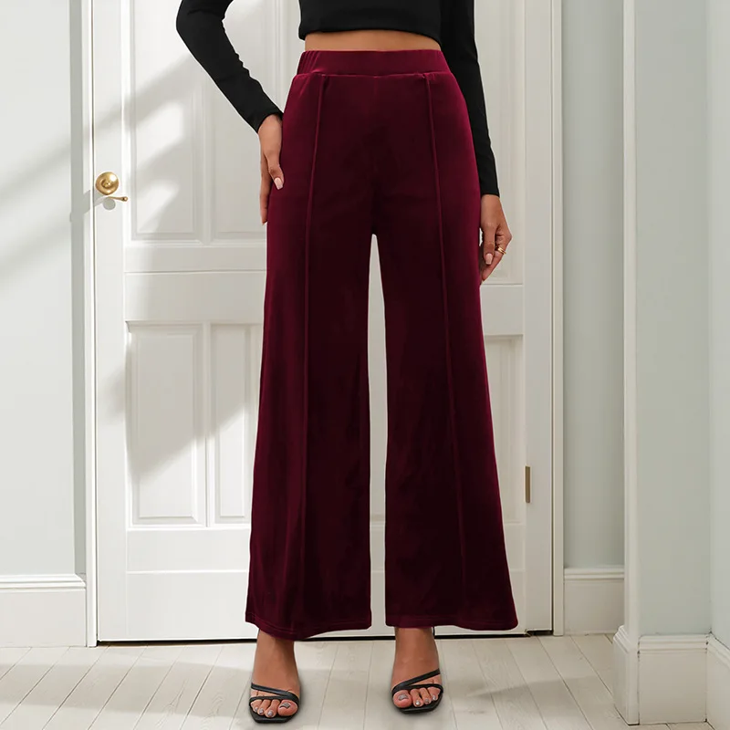 High Waist Velvet Wide Leg Pants 2026 New Trousers Commuter Cleanfit Style Polyester Fabric Straight Tube Pants for Women