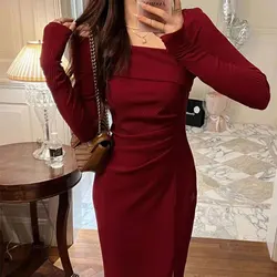 Elegant Skew Collar Midi Dress Women's Clothing French Style Folds Autumn Winter New Vintage Fashion Split Waist Bag Hip Dresses