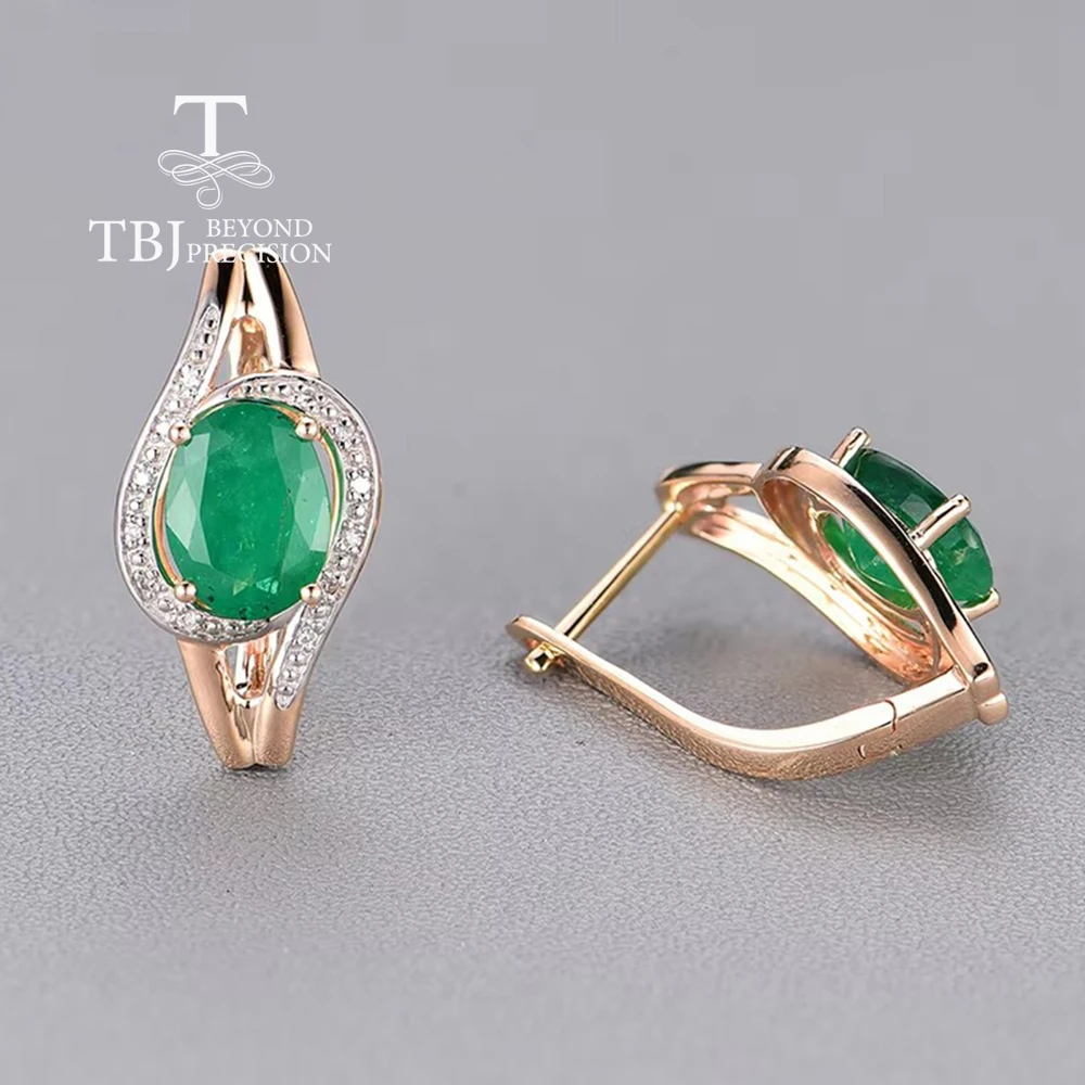 Real 14K 585 Gold clasp earring with natural Emerald oval5*7mm Africa Diamond fine jewelry  for women mom nice gift