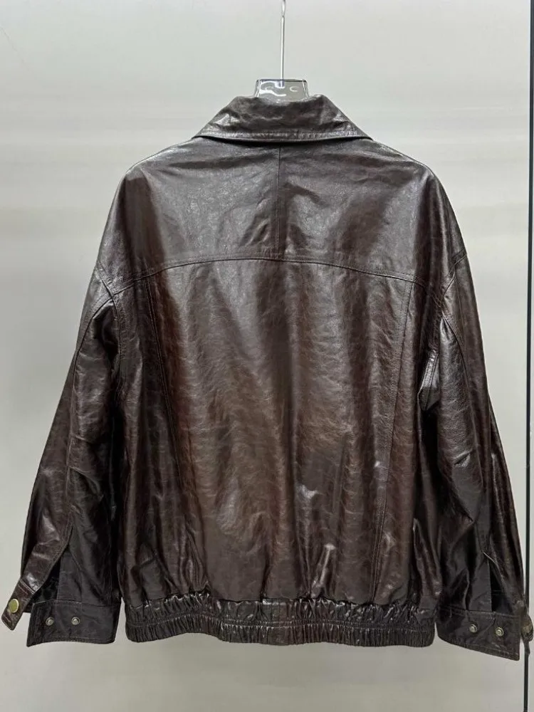 Amerikanischen Retro Stil Echtes Leder Revers Zipper Jacke Einfarbig Schaffell Lange Ärmel Lose Damen Taste Oberbekleidung