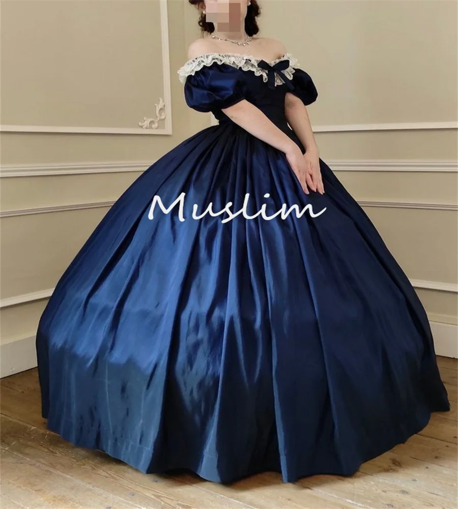 

Historical Renaissance Navy Prom Dresses 1860s Victoria Civil War Costume Steampunk Evening Dress Off Shoulder French Customized