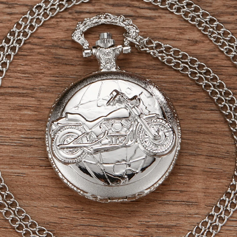 Luxury Silver Motorcycle Motorbike MOTO Quartz Pocket Watch Chain Carved Steampunk Chain Pocket Fob Watch Clock Gifts