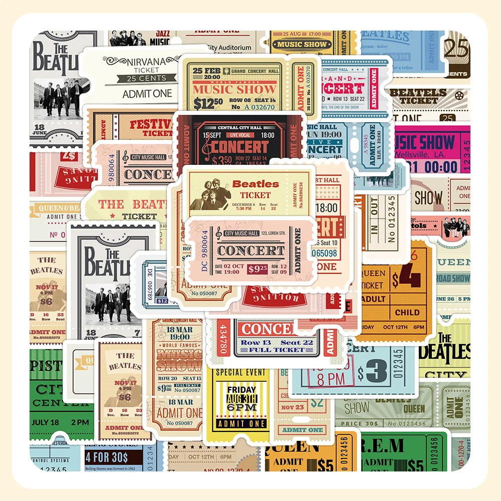60-Pack Vintage Band Ticket Stickers for Phone Notebook Tablet Helmet Stationery Box Decorative Decals