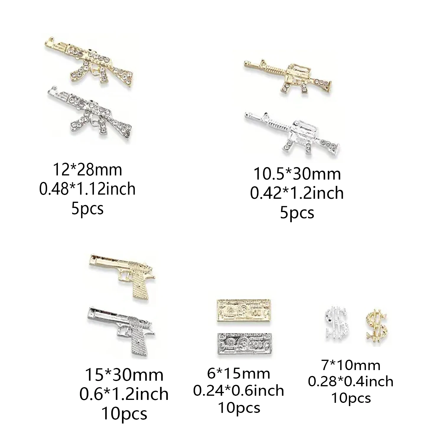 80PCS Nail Art Charms Set met Vintage Cool Gun en Dollar Designs - 12-compartimenten gemengde doos, hypoallergeen - Retro Chic Nail