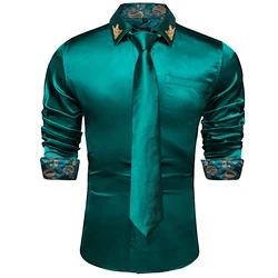 High Quailty Wedding Party Green Shirts For Men Hanky Tie Suit Set Spring Fall Men Shirt Long Sleeve Classic Formal Male Wears