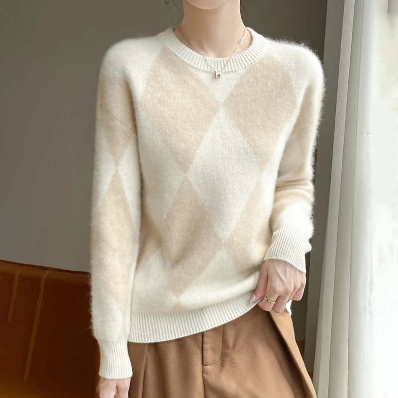 Женский вязаный свитер из 100% чистой шерсти с цветными блоками и бриллиантами, свитер с цветными блоками, свитер с круглым вырезом, осень-зима, новая базовая рубашка