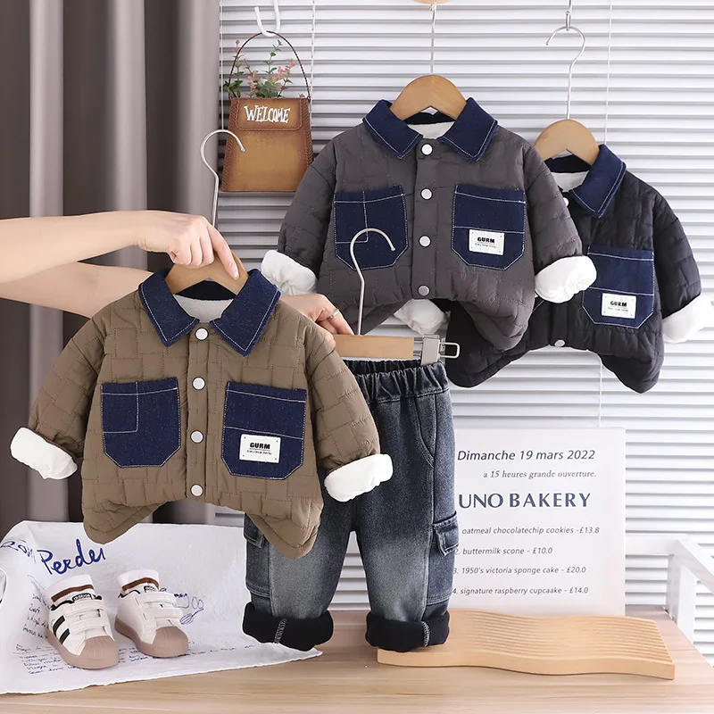 

Boys Down Clothes Sets Winter Children Thick Velvet coats Denim Pants 2pcs Warm Suit For Baby Tracksuits Kids Casual Outfits 5Y