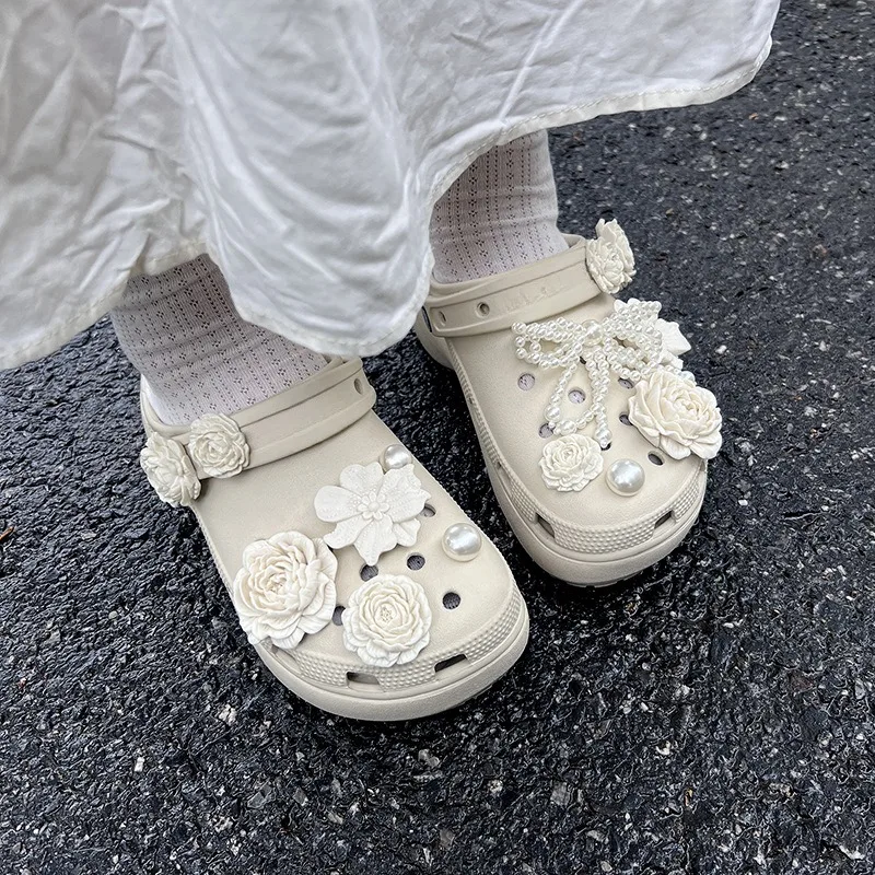14 шт., модные подвески для обуви, набор аксессуаров, пряжка для обуви с отверстиями, летний жемчужный букет с рододерном, сделай сам, 3D украшения для обуви