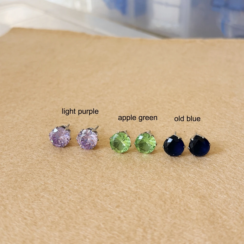 Big Size 8mm Stainless Steel Round Crystal Green Blue Golden Zircons Brief Stud Earrings For Women 6 7 8mm No Fade Allergy Free