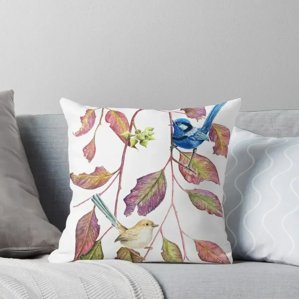 Splendid Fairy-Wrens in Australian Marri Throw Pillow Cushions Cover luxury home accessories pillow