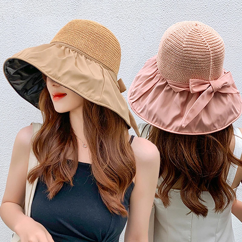 Summer New Women Bucket Hat UV Protection Sun Hats Solid Color Soft Foldable Wide Brim Outdoor Beach Panama Cap Ponytail Caps