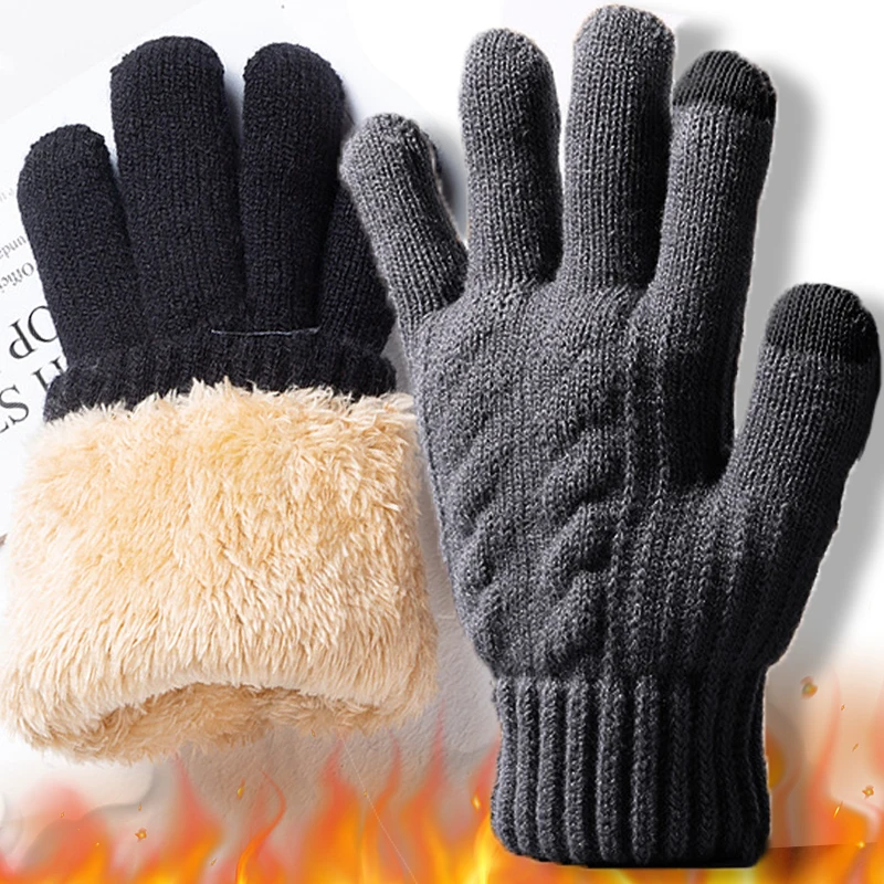 New Men's Warm Full Finger Gloves Winter Touchscreen Plus Fleece Gloves Woman Thickening Wool Knitted Cycling Driving Gloves