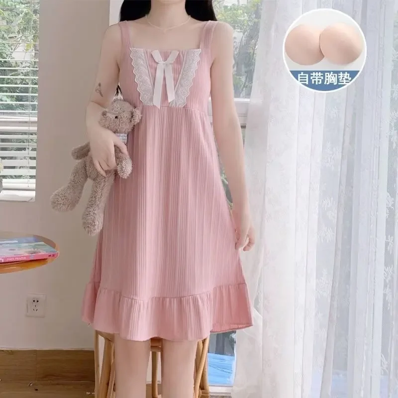 Summer Straps Nightgown for Ladies Cute Peach Girl Home with Chest Cushion Loose Milk Silk Pit Strip Little Fresh Sleepwear