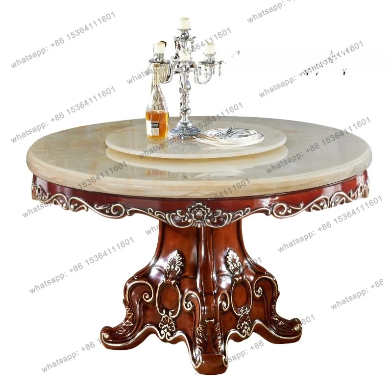 

CC European round table, American hotel villa restaurant with turntable round table solid wood carving flower marble