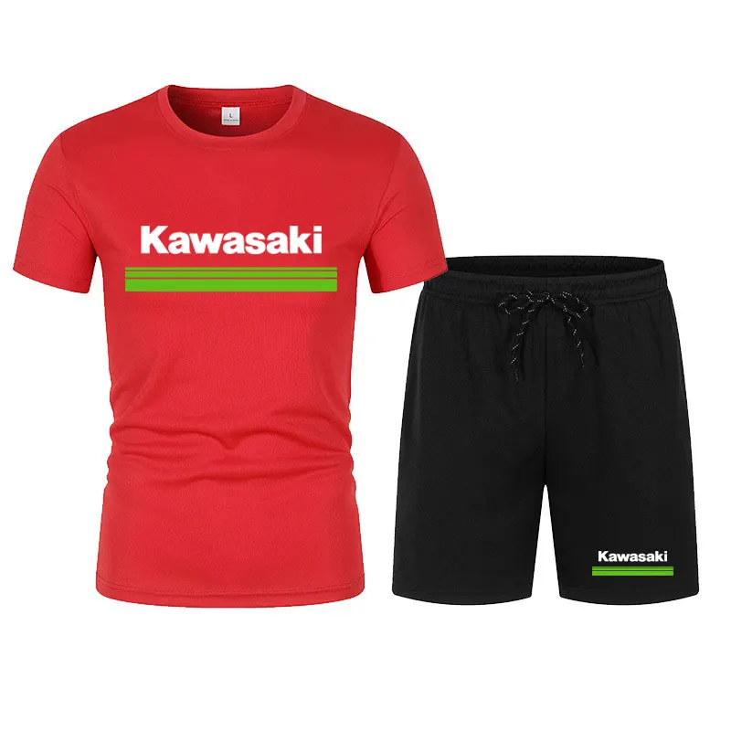 Kawasaki Motorcycle Racing Team Men T-shirt Shorts Set Summer New Fashion Male Tops Bottoms Sets Sport Men\'s Clothes Suits