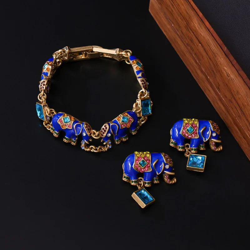 Vintage Enamel Elephant Drop Earrings, European Colorful Rhinestone Inlaid Elegant Women Ear Jewelry