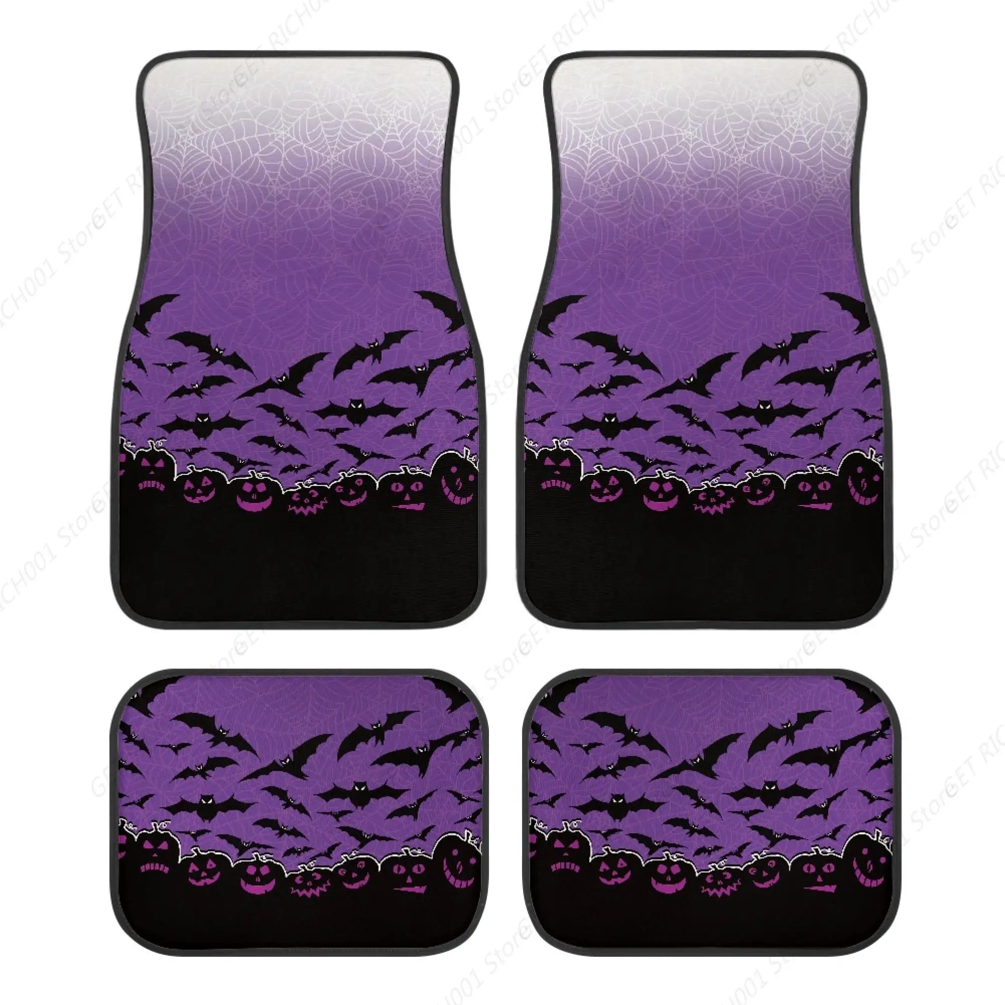 Pumpkin Black Bats Purple Car Mat Universal Fit 4-Piece Set Car Floor Mats All Weather For Suv,Vans,Sedans,Trucks