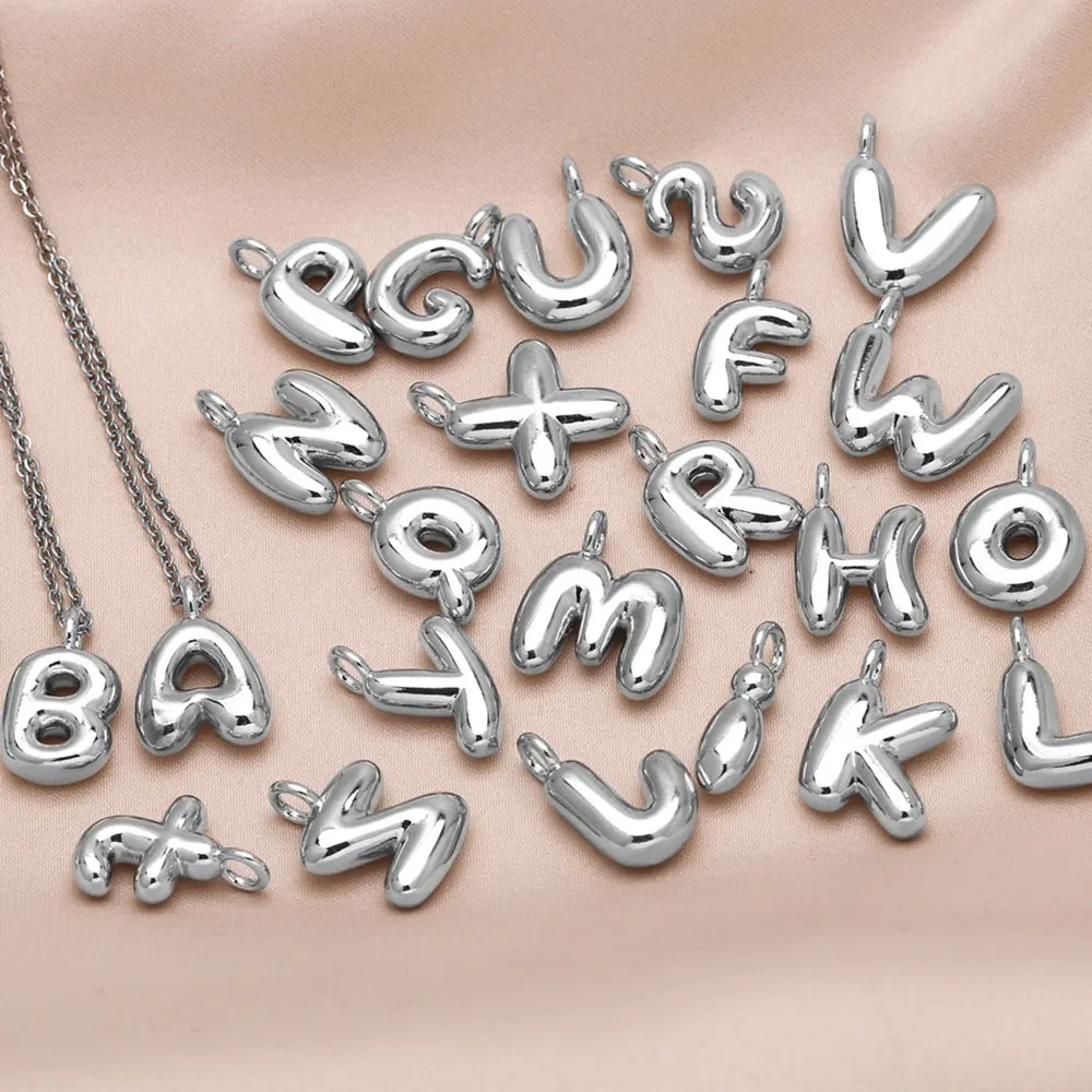 FLOLA Polished Gold Silver Color 26 Letters Initial Necklaces for Women Bubble Letter Necklaces Name Jewelry nkep13