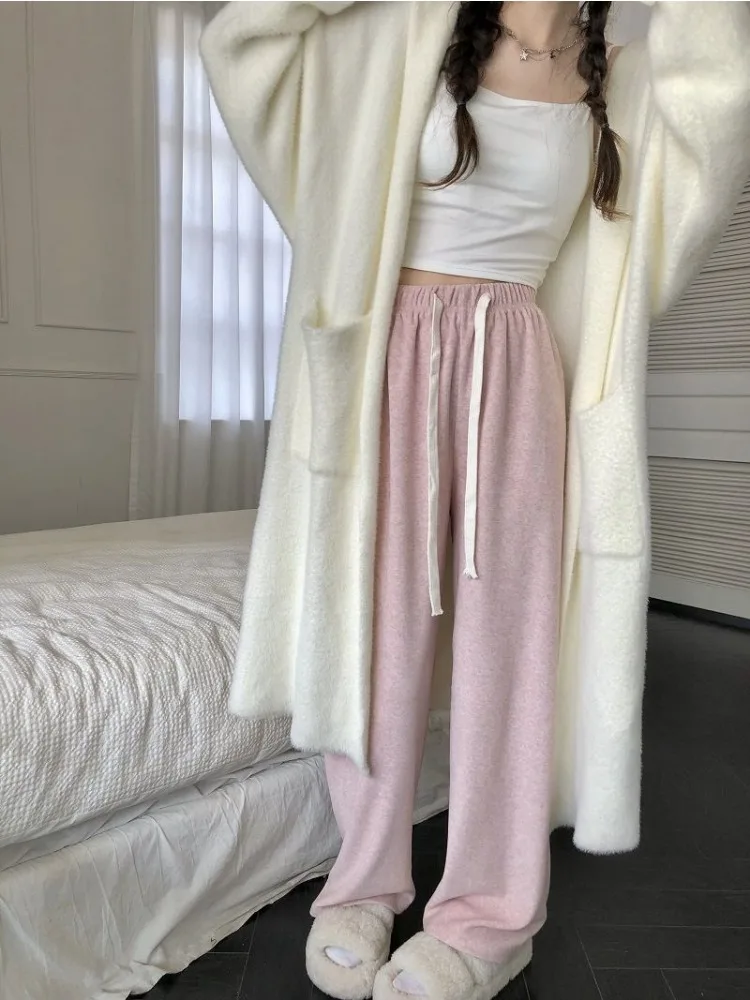 HOUZHOU Casual Korean Style Women Pants Baggy Elegant Pink High Waist Pleated Trousers Harajuku Cute Autumn Wide Home Pants Warm