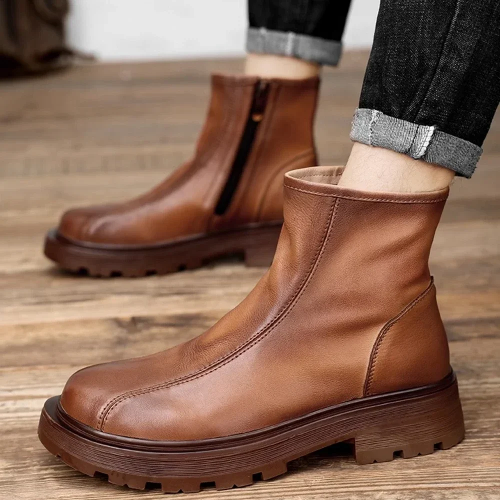 

Autumn Genuine Leather Mid-calf Chelsea Boots for men Luxury Western Cowboy Boots Outdoor Snow Motorcycle Boots Slip On