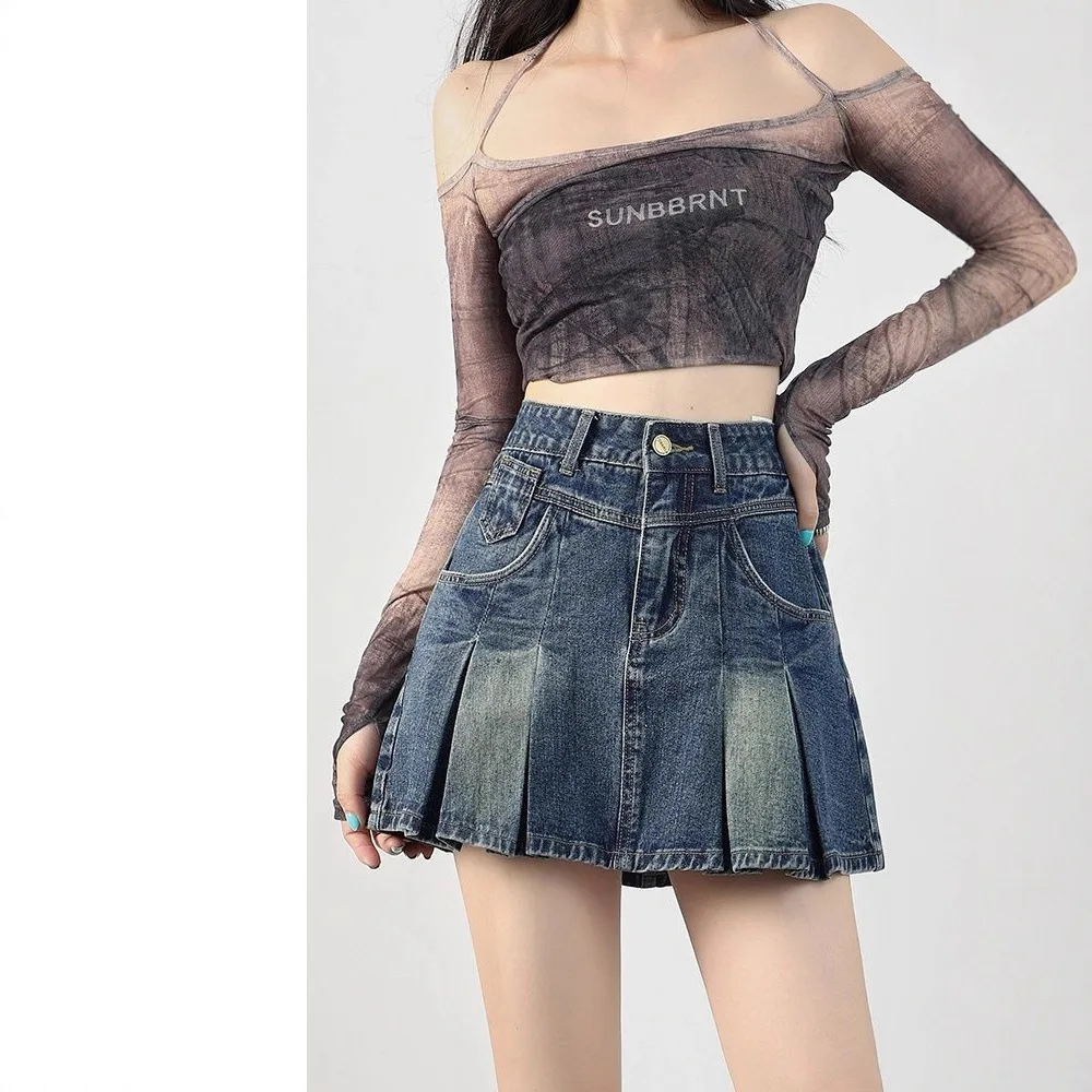 

Retro Pleated Denim Short Skirt Women's High Waist A-shaped Y2k Skirt