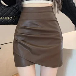 Office Lady Casual Women Autumn Winter Pu Leather Skirt Korean New Fashion Solid Coffee Irregular High Waist Slim Skirts 2024