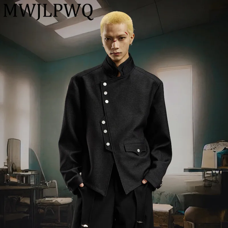 

MWJLPWQ Men's Texture Deconstructed Double-Layer Jacket Stand Collar Button Diagonal Placket Design New Chinese Style Tops 12209