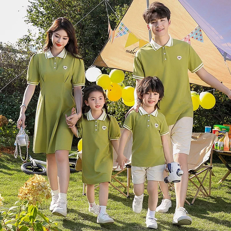 

Family Matching Outfits for Photoshoot Mother and Daughter Summer Dress Korea Father and Son Polo Shirts + Shorts Two Piece Sets