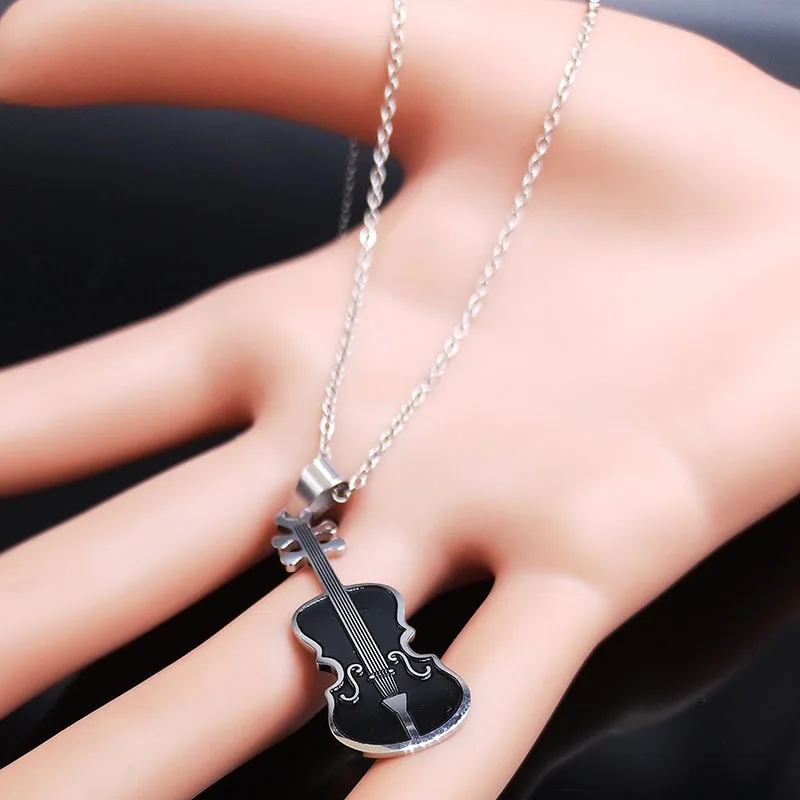 Violin Stainless Steel Necklace Women/Men Small Music Black Enamel Chain Necklace Jewelry moda mujer N1887S01
