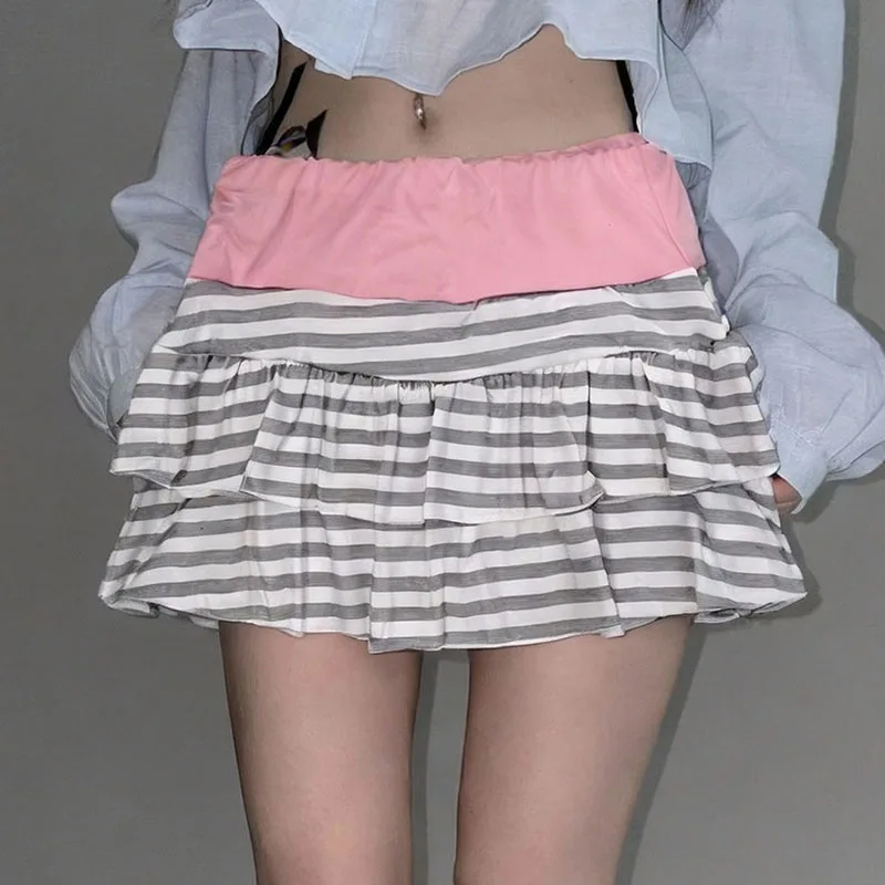 Japanese Contrast Stitching Casual Fashion Striped Print Skirt Vitality Cute Girl Mini Skirt Summer Kawaii Vintage Street Skirt