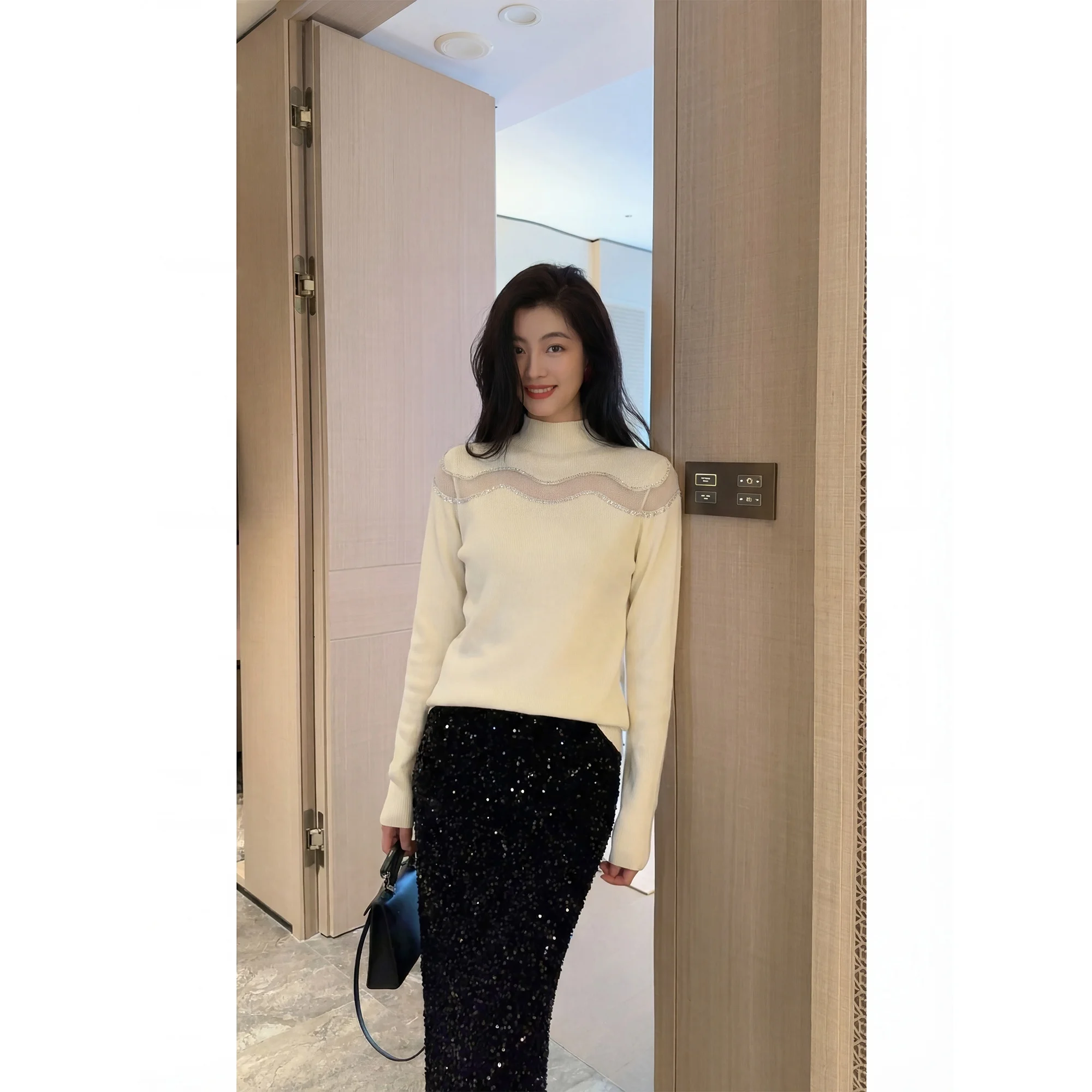 

NCOU Nicole Winter New Wave Lace iny Tead Design Slim Fit High Collar Knitted Base irt Women's Woolen Knitted Sweater