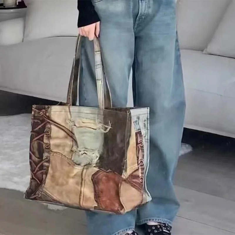 2024 Spring and Summer New Retro Distressed Printed Shopping Bag Casual Canvas Large Bag Tote Bag Mommy Bag Women's Fashion Bag