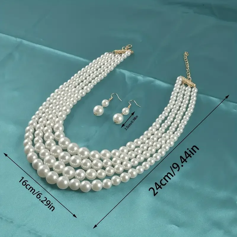 Vintage Round Imitation Pearl Necklace & Dangle Earrings Jewelry Set Multi Strands Necklace Party Favors For Women Girls