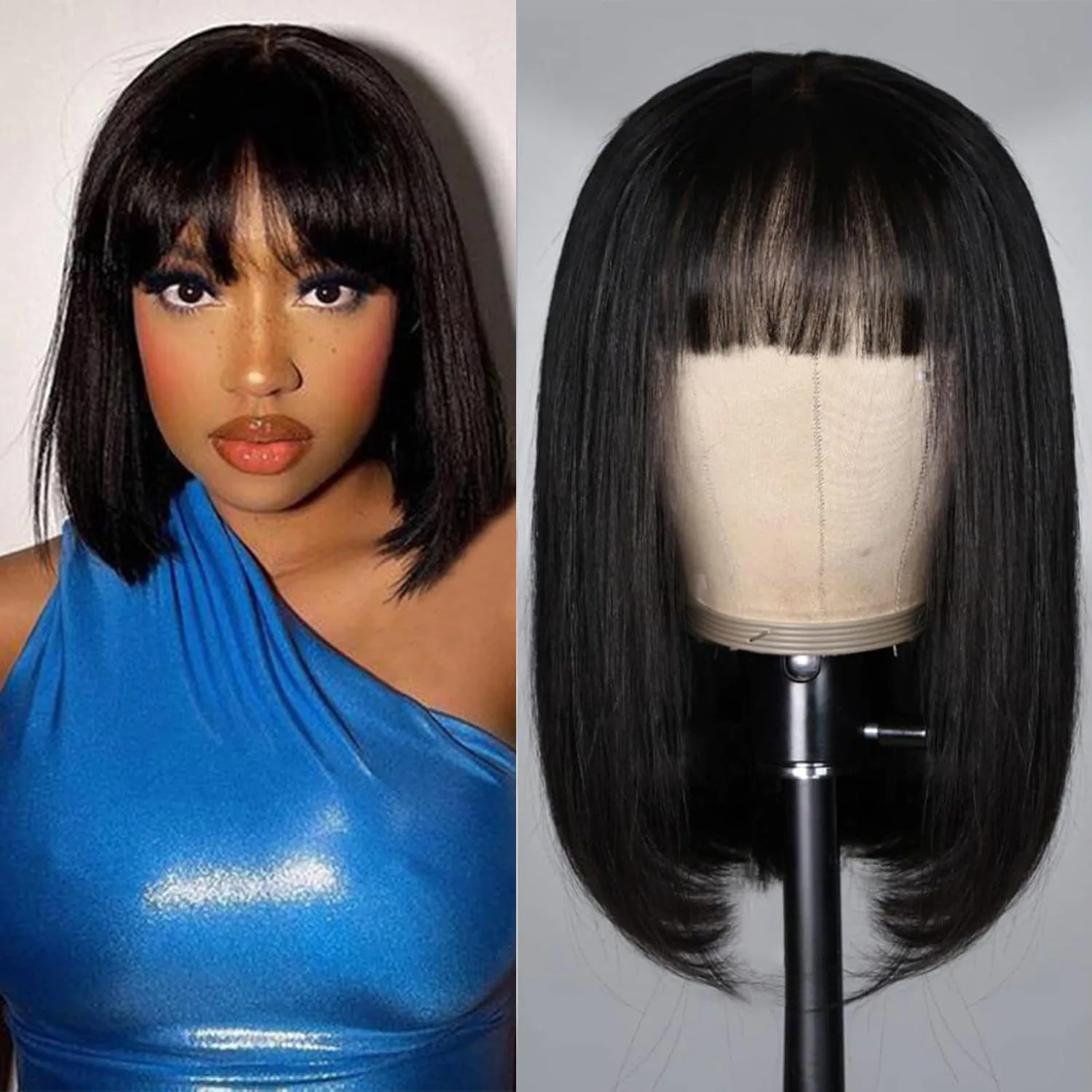 

Straight Bob Wigs Human Hair 8 Inch Wear and Go 3X1 Human Hair Wig With Bangs Glueless Short BoB Wigs For Women Natural Black
