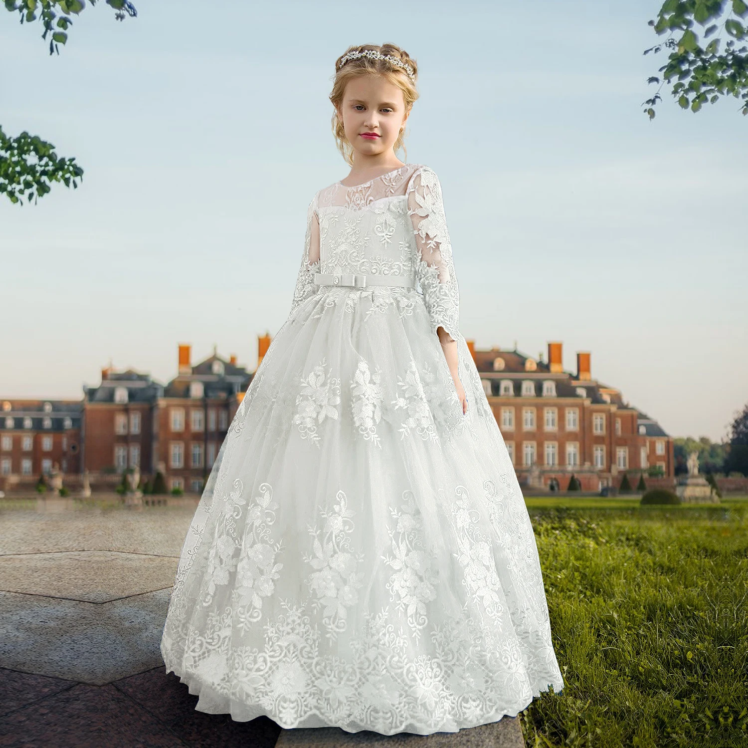 White Lace Child Flower Girl Dress Tulle Appliques Princess Floor Length for Wedding Party Baptism First Communion Gown