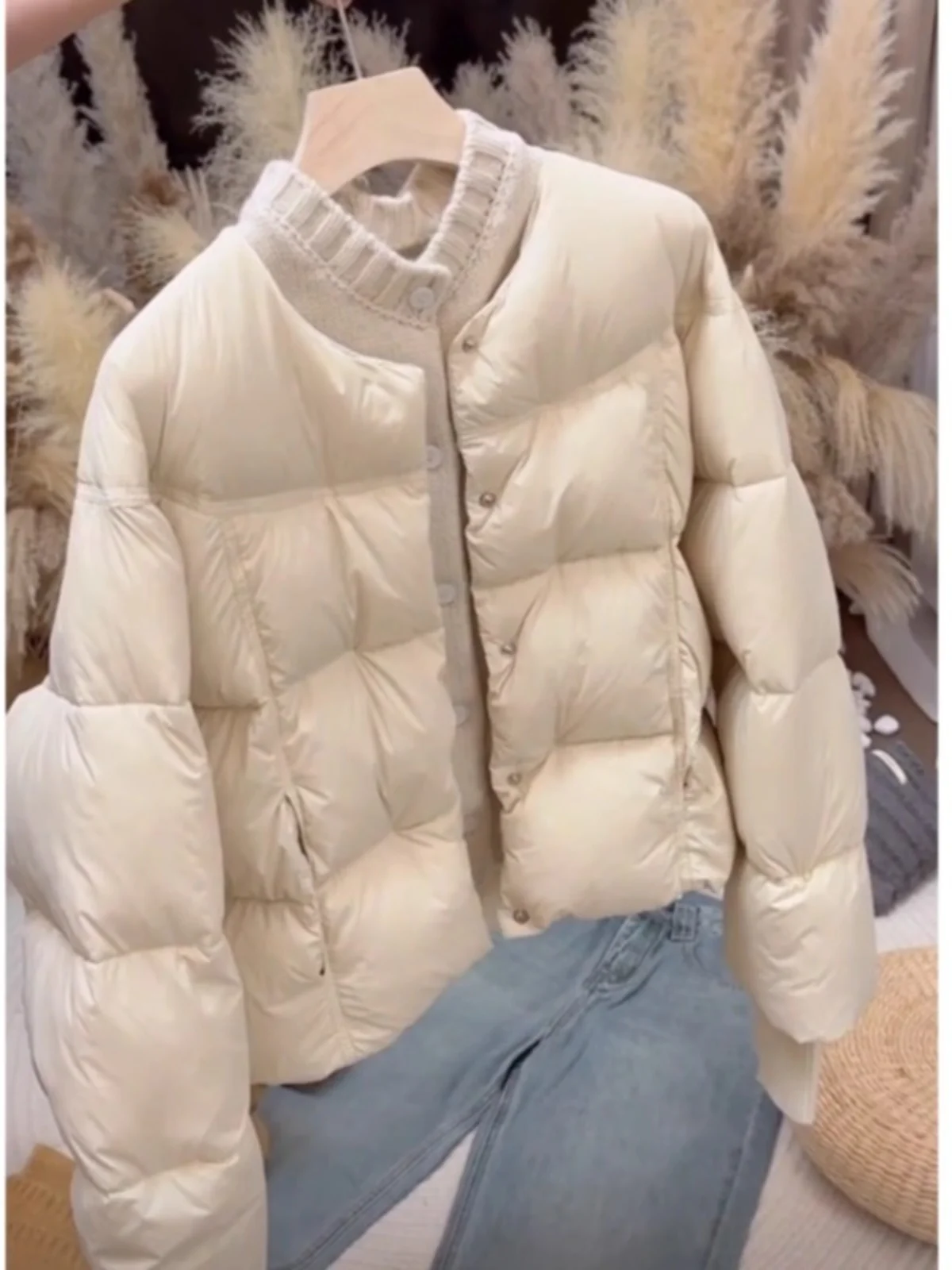 

Premium Knitted Patchwork down Cotton Jaet Women's Winter Loose round Ne Thiened Warm Fake Two-Piece Cotton Coat